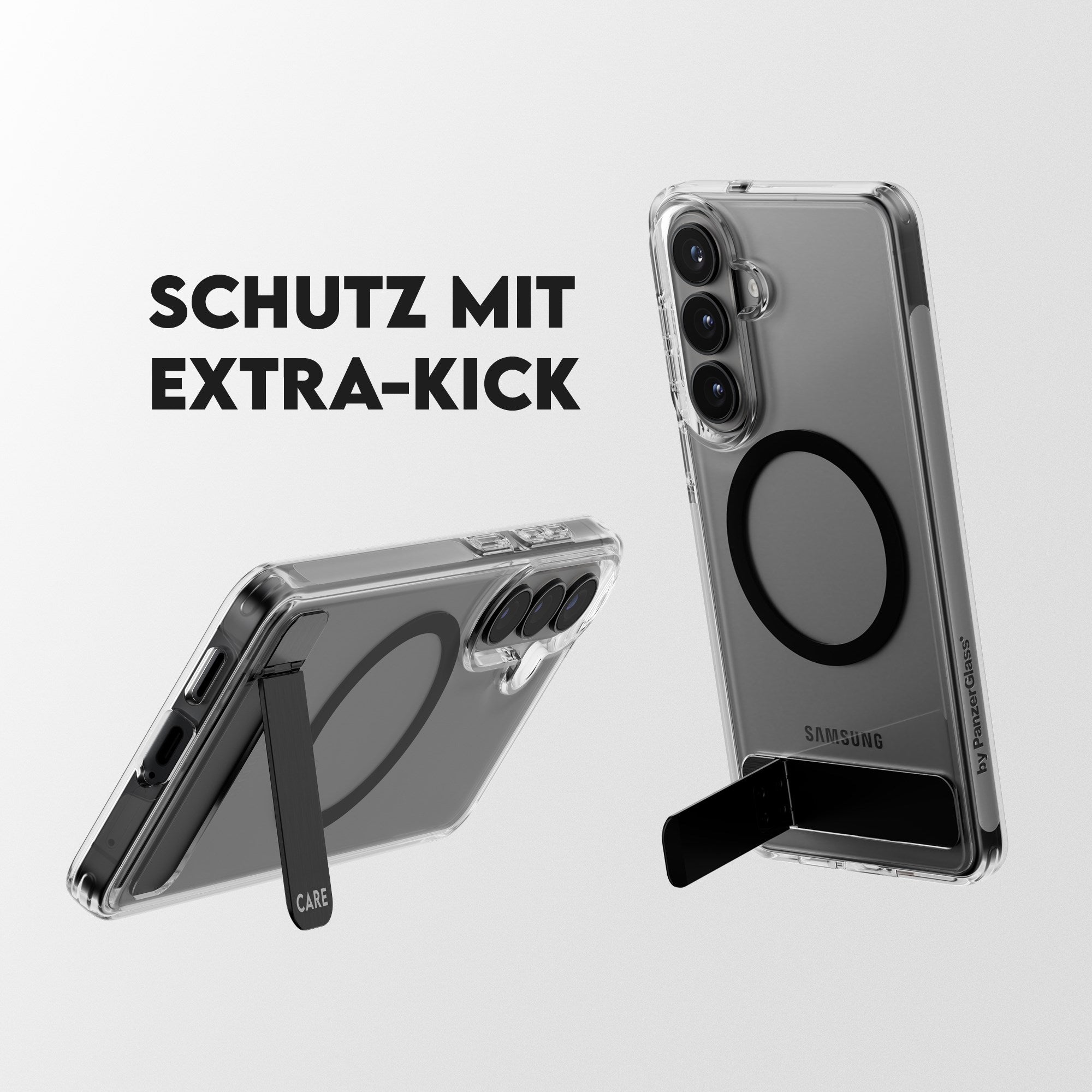 CARE™ by PanzerGlass® Urban Explorer Case Transparent m. Schwarz Kickstand & Qi Samsung Galaxy S26+